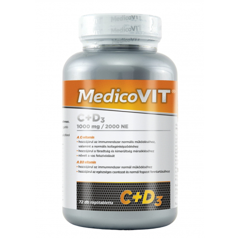 MEDICOVIT C+D3 C-VITAMIN 1000mg + D3-VITAMIN 2000NE narancsízű étrend- kiegészítő rágótabletta édesítőszerekkel 72db