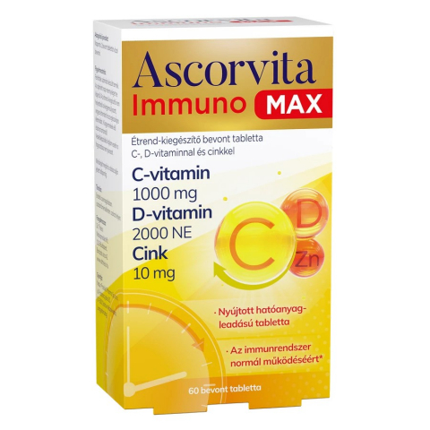 ASCORVITA IMMUNO MAX étrend-kiegészítő bevont tabletta C-, D-vitaminnal és cinkkel 60db