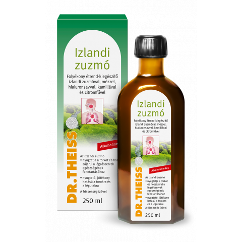 DR. THEISS IZLANDI ZUZMÓ folyékony étrend-kiegészítő izlandi zuzmóval, mézzel, hialuronsavval, kamillával és citromfűvel 250ml