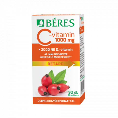 BÉRES C-VITAMIN 1000mg RETARD filmtabletta csipkebogyó kivonattal + 2000NE D3-vitamin étrend-kiegészítő készítmény 90db 